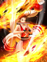 Rule 34 | breasts, folded fan, fatal fury, fighting game, fire, folding fan, hand fan, hand gesture, high ponytail, highres, holding, holding fan, large breasts, ninja, obi, official art, pelvic curtain, ponytail, pyrokinesis, revealing clothes, rope, sash, shiranui mai, sideboob, snk, solo, the king of fighters, the king of fighters all-stars