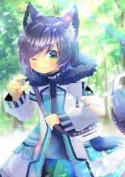 Rule 34 | 1boy, ;), animal ear fluff, animal ears, bag, black hair, black pants, black shirt, blurry, blurry background, blush, closed mouth, coat, commentary request, copyright request, depth of field, fur-trimmed hood, fur trim, green eyes, hood, hood down, hooded coat, kou hiyoyo, long sleeves, looking at viewer, male focus, one eye closed, pants, shirt, shoulder bag, smile, solo, swept bangs, tail, tree, virtual youtuber, white coat