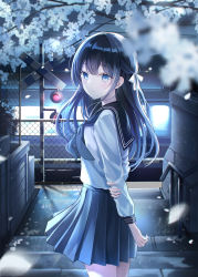 Rule 34 | 1girl, absurdres, arm behind back, black hair, blue eyes, blue sailor collar, blue skirt, blurry, blurry foreground, cherry blossoms, closed mouth, cowboy shot, from side, hair ribbon, has bad revision, has downscaled revision, highres, iren lovel, long hair, long sleeves, looking at viewer, md5 mismatch, night, original, outdoors, pale skin, petals, pleated skirt, resolution mismatch, ribbon, sailor collar, school uniform, serafuku, shirt, shirt tucked in, skirt, smile, solo, source smaller, stairs, standing, train, white shirt