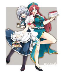 Rule 34 | 2girls, :d, apron, back-to-back, black legwear, blue dress, bow, braid, breasts, cake, dress, embodiment of scarlet devil, female focus, food, frilled dress, frills, fruit, hair bow, hat, high heels, hong meiling, izayoi sakuya, large breasts, long hair, looking at viewer, macaron, maid, maid apron, maid headdress, multiple girls, open mouth, pantyhose, pumps, red hair, satou samu, shirt, side slit, silver hair, skirt, skirt set, sleeveless, sleeveless shirt, smile, standing, standing on one leg, strawberry, sugar, sweets, teapot, tiered tray, touhou, waist apron