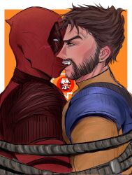 2boys anger_vein animification beard biting blush bodysuit bound bound_together brown_hair deadpool deadpool_&amp;_wolverine deadpool_(series) eye_contact facial_hair fangs fmewithachansaw highres looking_at_another male_focus marvel marvel_cinematic_universe mask multiple_boys pectoral_press pectorals profile red_bodysuit red_mask short_hair simple_background superhero_costume teeth tied_up_(nonsexual) two-tone_bodysuit veins wolverine_(x-men) x-men yaoi yellow_bodysuit