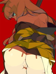 Rule 34 | 1girl, ass, back, bare shoulders, bent over, blue eyes, censored, from behind, huge ass, inari, itsumo nokoru, japanese clothes, kimono, leaf, leaf on head, looking back, no panties, object on head, oboro muramasa, off shoulder, pussy, silver hair, simple background, solo, vanillaware, yuzuruha