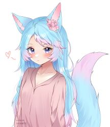 Rule 34 | 1girl, absurdres, animal ears, blue hair, divaartx, expressionless, flower, gradient hair, hair flower, hair ornament, heart, highres, long hair, long sleeves, looking at viewer, multicolored hair, pink flower, pink hair, pink shirt, purple eyes, shirt, silvervale, simple background, tail, two-tone hair, virtual youtuber, vshojo, white background, wolf ears, wolf girl, wolf tail