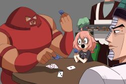 Rule 34 | 1girl, 3boys, :o, ace (playing card), ace of hearts, anya (spy x family), apron, baking sheet, black shirt, card, card game, child, commentary, cookie, five of diamonds, flowers-imh, food, grey background, hands up, heart, helmet, highres, jacket, jojo no kimyou na bouken, juggernaut (x-men), looking at another, marvel, multiple boys, oven mitts, playing card, playing games, red jacket, shirt, sitting, spy x family, symbol-only commentary, table, terence t. d&#039;arby, three of clubs, x-men, x-men: the animated series