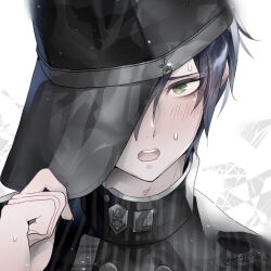 Rule 34 | 1boy, baseball cap, black hat, black jacket, blue hair, buttons, collared jacket, commentary request, danganronpa (series), danganronpa v3: killing harmony, dated, double-breasted, gleam, green eyes, hair between eyes, hand on headwear, hat, high collar, jacket, light particles, male focus, nervous, one eye closed, open mouth, pinstripe jacket, pinstripe pattern, saihara shuichi, short hair, signature, simple background, solo, star (symbol), star print, sweat, teeth, u u ki u u, upper body, upper teeth only, white background