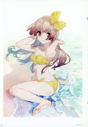 Rule 34 | 1girl, absurdres, ass, atelier (series), atelier lydie &amp; suelle, beach, bikini, bow, breasts, butt crack, cleavage, day, hair bow, highres, long hair, looking at viewer, noco (adamas), ocean, official art, outdoors, pink eyes, pink hair, sand, scan, side-tie bikini bottom, sitting, suelle marlen, swimsuit