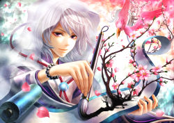 Rule 34 | 1boy, absurdres, bad id, bad pixiv id, bird, bracelet, calligraphy brush, cherry blossoms, flower, haru (toyst), highres, jewelry, male focus, paintbrush, petals, purple eyes, scroll, seigaiha, short hair, solo, white hair