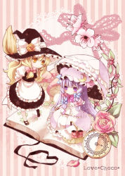 Rule 34 | 2girls, apron, arms behind back, basket, blonde hair, book, cherry blossoms, chibi, clock, crescent, doily, female focus, flower, frills, hat, kirisame marisa, leaf, long hair, moru, multiple girls, mushroom, no nose, parasol, patchouli knowledge, pink flower, pink rose, purple eyes, purple hair, rose, striped, striped background, touhou, umbrella, witch, witch hat, yellow eyes, yellow flower, yellow rose