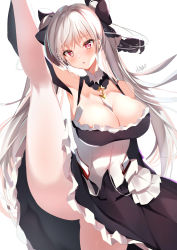 Rule 34 | 1girl, absurdres, azur lane, bare shoulders, between breasts, black dress, blush, breasts, cleavage, dress, earrings, flexible, formidable (azur lane), frilled dress, frills, grey hair, hair ribbon, highres, jewelry, large breasts, leg lift, leg up, long hair, looking at viewer, nenobi (nenorium), no panties, open mouth, pantyhose, red eyes, ribbon, simple background, solo, split, standing, standing on one leg, standing split, twintails, two-tone dress, two-tone ribbon, very long hair, white background, white pantyhose