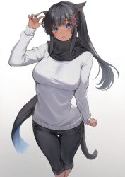 Rule 34 | 1girl, animal ears, black hair, black pants, black scarf, blue eyes, breasts, cat ears, cat tail, claw pose, dark skin, denim, feet out of frame, final fantasy, final fantasy xiv, highres, jeans, large breasts, light blush, long hair, looking at viewer, miqo&#039;te, open mouth, pants, scarf, simple background, solo, sweater, tail, torisanff14, warrior of light (ff14), white background, white sweater