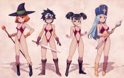 Rule 34 | 4girls, black eyes, black footwear, black hair, black hat, blue gemstone, blue hair, blue hat, blunt bangs, blunt ends, bob cut, boots, breasts, breasts apart, bright pupils, brown background, circlet, cleavage, clenched hands, closed mouth, clothing cutout, collarbone, commentary request, cross, detached sleeves, dragon quest, dragon quest iii, elbow gloves, fantasy, fighter (dq3), flanged mace, frown, full body, gem, gloves, green ribbon, groin, hair between eyes, halterneck, hand on own hip, hat, hat ribbon, highleg, highleg swimsuit, highres, holding, holding mace, holding staff, holding sword, holding weapon, knee boots, lamb-oic029, legs, linea alba, lineup, long hair, looking at viewer, mace, mage (dq3), medium breasts, mitre, multiple girls, navel, official alternate costume, one-piece swimsuit, open mouth, orange eyes, orange gemstone, orange gloves, orange hair, parted lips, priest (dq3), red eyes, red one-piece swimsuit, revealing swimsuit (dq), ribbon, roto (dq3), short twintails, sideboob, sidelocks, simple background, small breasts, smile, spiked hair, split mouth, staff, standing, stomach cutout, straight hair, swept bangs, swimsuit, sword, twintails, variant set, weapon, witch hat, yellow footwear, yellow gloves, yellow sleeves