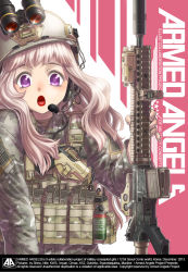 Rule 34 | 1girl, :o, american flag, armed angels, assault rifle, camouflage, cover, cover page, eotech, explosive, grenade, gun, hand grenade, headset, kws, load bearing vest, long hair, m16, m4 carbine, night-vision device, o o, original, pink hair, purple eyes, rifle, solo, suppressor, united states, vertical forward grip, weapon, weapon request, window magazine