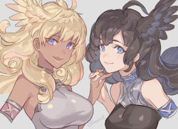 Rule 34 | 2girls, :3, ahoge, armlet, artist name, bare shoulders, black shirt, blonde hair, blue eyes, breasts, colored eyelashes, commentary request, curly hair, dark-skinned female, dark skin, fangs, feathered wings, floating hair, granblue fantasy, grey background, grey shirt, halluel (granblue fantasy), head wings, holding hands, long hair, looking at viewer, malluel (granblue fantasy), medium breasts, messy hair, multiple girls, open mouth, portrait, pota (bluegutty), purple eyes, shirt, side-by-side, sidelocks, signature, simple background, sleeveless, sleeveless turtleneck, smile, turtleneck, twitter username, wings