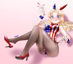 Rule 34 | 1girl, absurdres, american flag, american flag print, animal ears, artist name, ass, black pantyhose, blonde hair, blue eyes, blush, bow, bowtie, breasts, cleavage, dated, didagger, fake animal ears, flag print, girls und panzer, heart, heart-shaped pupils, high heels, highres, kay (girls und panzer), large breasts, leotard, long hair, pantyhose, pink background, playboy bunny, rabbit ears, red bow, red bowtie, red footwear, simple background, smile, solo, symbol-shaped pupils, tongue, tongue out