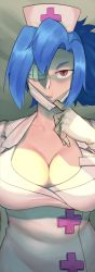 Rule 34 | 1girl, blue hair, breasts, cleavage, cross, eyepatch, gloves, hat, highres, large breasts, latex, latex gloves, looking at viewer, mask, mouth mask, nurse, nurse cap, ponytail, red cross, red eyes, skullgirls, solo, surgical mask, suwaiya, valentine (skullgirls)
