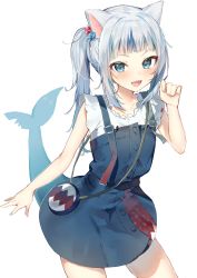Rule 34 | 1girl, animal ears, asymmetrical hair, bag, blue hair, blue skirt, blush, cat ears, commentary, cowboy shot, diamond (shape), english commentary, fins, fish tail, flat chest, gawr gura, gawr gura (casual), hair ornament, handbag, highres, hololive, hololive english, looking at viewer, medium hair, multicolored hair, official alternate costume, open mouth, paw pose, polearm, shark print, shark tail, sharp teeth, shirt, side ponytail, silver hair, simple background, skirt, skirt set, sleeveless, sleeveless shirt, smile, solo, strap, streaked hair, tail, teeth, trident, two-tone hair, virtual youtuber, warayanuko, weapon, white background, white shirt