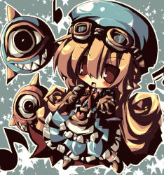 Rule 34 | 1girl, apron, bag, blue hat, blush, bow, brown hair, chibi, curly hair, dango mushi, dress, flipped hair, full body, gloves, goggles, goggles on head, grey background, hat, heart, long hair, marivel armitage, microphone, music, musical note, red eyes, ribbon, shoes, singing, smile, solo, sparkle, star (symbol), starry background, vampire, wild arms, wild arms 2