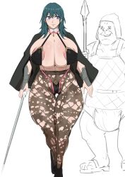 Rule 34 | 1boy, 1girl, absurdres, alternate breast size, bald male, breasts, byleth (female) (fire emblem), byleth (fire emblem), curvy, fat, fat man, fire emblem, fire emblem: three houses, green hair, highres, holding, holding sword, holding weapon, huge breasts, kunaboto, long hair, nintendo, older man and younger woman, sword, thick thighs, thighs, ugly man, video game, weapon, wide hips
