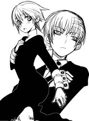Rule 34 | 00s, 1boy, androgynous, black dress, blush, crona (soul eater), crossed arms, cuff links, death the kid, dress, formal, greyscale, hand on own chest, high collar, imawano lem, jacket, long sleeves, looking at viewer, looking away, looking to the side, monochrome, open mouth, pants, short hair, simple background, soul eater, suit, white background