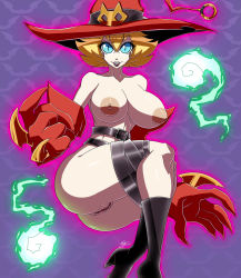 Rule 34 | 1girl, belt, blonde hair, blue eyes, boots, breasts, cape, digimon, facial mark, fangs, hat, high collar, high heel boots, high heels, highres, magic, monster girl, multiple belts, nipples, pussy, short hair, tattoo, witch, witch hat, witchmon