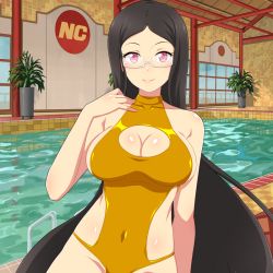 Rule 34 | 1girl, alternate costume, architecture, black hair, breasts, challengia, cleavage, cleavage cutout, clothing cutout, collarbone, east asian architecture, glasses, gold, gold leotard, gold one-piece swimsuit, indoors, large breasts, lawchan, leotard, long hair, looking at viewer, nchans, nchans style, official art, one-piece swimsuit, orcaleon, pink eyes, sideboob, sitting, smile, swimsuit