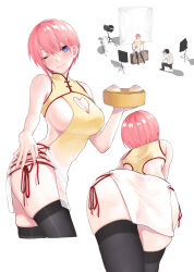 Rule 34 | 1boy, 1girl, ;), absurdres, ass, bamboo steamer, baozi, bare arms, bare shoulders, bent over, black hair, black pants, blue eyes, blush, breasts, cleavage, cleavage cutout, closed mouth, clothing cutout, cropped legs, dress, food, go-toubun no hanayome, heart cutout, highres, holding, kosmos beta, large breasts, looking at viewer, multiple views, nakano ichika, one eye closed, pants, photo shoot, pink hair, revealing clothes, shirt, short dress, short hair, side-tie dress, sideboob, sideless outfit, skin tight, smile, standing, taking picture, white shirt, yellow dress
