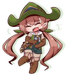 Rule 34 | +++, 1girl, :d, ^ ^, blush, boots, brown footwear, brown gloves, brown hat, brown pantyhose, brown shirt, closed eyes, commentary request, dagger, earrings, elbow gloves, facing viewer, full body, gloves, granblue fantasy, green hat, green ribbon, green skirt, green vest, hair ribbon, hands on own stomach, happy tears, harvin, hat, head tilt, jewelry, knee boots, knife, laughing, long hair, low twintails, ludmila (granblue fantasy), naga u, open mouth, pantyhose, pointy ears, ribbon, scabbard, shadow, sheath, shirt, skirt, smile, solo, standing, standing on one leg, tears, twintails, very long hair, vest, weapon, white background