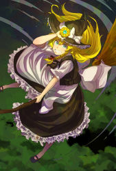 Rule 34 | 1girl, apron, black dress, black footwear, blonde hair, bow, braid, broom, broom riding, dress, flying, frilled dress, frills, frontier  m, green eyes, hair bow, hat, hat bow, highres, kirisame marisa, kobaji, looking at viewer, mary janes, mini-hakkero, night, night sky, red bow, shoes, short sleeves, side braid, single braid, sky, smile, solo, touhou, waist apron, white bow, witch hat