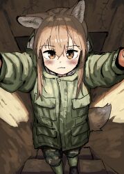 Rule 34 | 1girl, absurdres, animal ears, blush, brown eyes, brown hair, fox ears, fox girl, fox girl (yihan1949), fox tail, highres, looking at viewer, military uniform, original, raised hands, solo, stairs, standing, tail, uniform, yihan1949