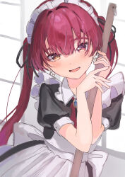 Rule 34 | 1girl, charlotte11037, heterochromia, hololive, houshou marine, looking at viewer, maid, open mouth, red eyes, red hair, simple background, smile, solo, twintails, virtual youtuber