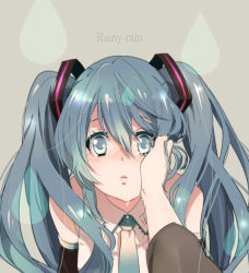 Rule 34 | 1girl, bare shoulders, blue eyes, blue hair, blush, detached sleeves, hand on another&#039;s face, hatsune miku, long hair, necktie, pov, shuri (84k), solo focus, staring, tears, twintails, vocaloid, water drop