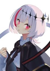 Rule 34 | absurdres, black cloak, black ribbon, clenched hand, cloak, dtto., earrings, highres, jewelry, red eyes, red hair, ribbon, scarz, shirt, short hair, tostantan, utaite, virtual youtuber, white background, white hair, white shirt