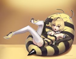Rule 34 | 1girl, antennae, bare shoulders, bean bag chair, bee costume, black gloves, blonde hair, boa (brianoa), breasts, cherry, commentary, detached collar, dress, english commentary, fang, food, fruit, fur collar, fur trim, gloves, halterneck, hand up, highres, holding, holding food, holding fruit, leaning back, looking at viewer, open mouth, original, red eyes, short dress, short hair, small breasts, solo, striped clothes, striped dress, thighhighs, twitter username, white thighhighs, yellow theme