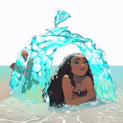 Rule 34 | 1girl, bare shoulders, brown eyes, brown hair, crossed arms, dark-skinned female, dark skin, element bending, fingernails, flat chest, full body, horizon, hydrokinesis, jewelry, lips, long hair, lying, moana (movie), moana waialiki, necklace, ocean, on stomach, pano (mohayayamai), partially submerged, pendant, soles, solo, strapless, the pose, thick eyebrows, toes, tube top, water, wavy hair, white background