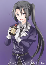 Rule 34 | 10s, 1girl, alcohol, anti (untea9), belt, black hair, bottle, furrowed brow, gloves, gradient background, highres, kantai collection, long hair, nachi (kancolle), open mouth, ponytail, purple background, purple eyes, side ponytail, simple background, skirt, suntory, sweatdrop, twitter username, uniform, whiskey