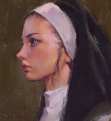 1girl absurdres black_hair canvas_texture chinese_commentary commentary_request from_side grey_eyes habit highres liu2e3ing medium_request mole mole_under_eye nun original parted_lips portrait profile realistic signature solo