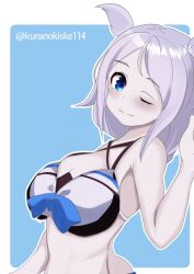 Rule 34 | 1girl, bikini, black bikini, blue background, blue eyes, breasts, cleavage, commentary request, grey hair, hair flaps, highres, kantai collection, kurano kisuke, low ponytail, medium breasts, official alternate costume, one-hour drawing challenge, one eye closed, smile, solo, swimsuit, two-tone background, umikaze (kancolle), umikaze (swimsuit mode) (kancolle), umikaze kai ni (kancolle), upper body