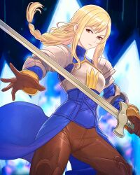 Rule 34 | 1girl, absurdres, agrias oaks, armor, blonde hair, braid, brown pants, closed mouth, final fantasy, final fantasy tactics, gloves, highres, holding, holding weapon, looking at viewer, pants, shoulder armor, solo, sword, truejekart, weapon, yellow eyes