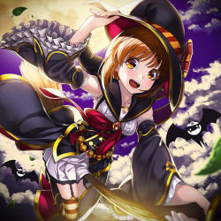 Rule 34 | 10s, 1girl, bare shoulders, bat (animal), broom, broom riding, brown eyes, brown hair, cloud, detached sleeves, frilled sleeves, frills, full moon, garter straps, girls und panzer, halloween, hat, looking at viewer, matching hair/eyes, moon, night, night sky, nishizumi miho, object on head, open mouth, panties, panties on head, short hair, silhouette demon, skirt, sky, smile, solo, striped clothes, striped thighhighs, thighhighs, underwear, unowen, white skirt, wide sleeves, witch hat