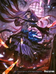 Rule 34 | 1girl, cinderella (force of will), copyright name, crown, dress, flower, force of will, knife, lack, long hair, looking at viewer, multicolored hair, purple hair, solo, very long hair, yellow eyes