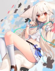 Rule 34 | 1girl, animal ears, commentary request, commission, fox ears, fox girl, fox tail, hair ornament, highres, long hair, looking at viewer, low twintails, moti yousei, original, red eyes, sakurada shiro (hy plus), skeb commission, skirt, solo, tail, twintails, very long hair, white hair