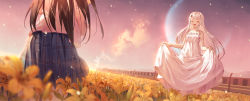 Rule 34 | 2girls, :d, ^ ^, bare arms, bare shoulders, blue sky, blunt bangs, blurry, blurry foreground, blush, breasts, brown hair, closed eyes, commentary request, depth of field, doll joints, dress, field, flower, flower field, full moon, hair ornament, hairclip, highres, ji dao ji, joints, long hair, moon, multiple girls, open mouth, original, outdoors, plaid, plaid skirt, pleated skirt, shirt, short sleeves, silver hair, skirt, skirt hold, sky, sleeveless, sleeveless dress, small breasts, smile, smoke, teeth, train, upper teeth only, very long hair, white dress, white shirt, yellow flower