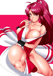 Rule 34 | 1girl, absurdres, bare shoulders, breasts, brown eyes, brown hair, cleavage, fatal fury, finger to mouth, fingerless gloves, gloves, highres, huge breasts, japanese clothes, long hair, pelvic curtain, pleasure-treasure, ponytail, revealing clothes, shiranui mai, sideboob, skindentation, snk, solo, the king of fighters, thighs