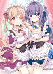 Rule 34 | 2girls, apron, asymmetrical docking, blue dress, bow, breast press, breasts, cleavage, closed mouth, commentary request, curtains, day, dress, frilled apron, frilled dress, frills, hair bow, hand up, highres, hinata momo, indoors, interlocked fingers, large breasts, light brown hair, maid, maid headdress, medium breasts, multiple girls, original, puffy short sleeves, puffy sleeves, purple bow, purple dress, purple eyes, purple hair, red eyes, short sleeves, smile, thighhighs, twintails, twitter username, white apron, white thighhighs, window