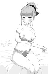 Rule 34 | 1girl, artist name, blunt bangs, blush, bra, bra pull, breasts, closed mouth, clothes pull, dated, frilled bra, frilled panties, frills, greyscale, hair ornament, hair scrunchie, half-closed eyes, highres, legs together, long hair, looking to the side, monochrome, navel, nipples, original, panties, ponytail, scrunchie, sidelocks, signature, sitting, small breasts, solo, strap slip, tabata hisayuki, thighs, underwear, underwear only