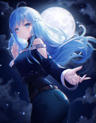 Rule 34 | 1girl, absurdres, ahoge, black shirt, blue eyes, blue pants, blue shirt, blush, braid, closed mouth, clothing cutout, cowboy shot, floating hair, french braid, from side, full moon, highres, huge filesize, kimhu94, long hair, long sleeves, looking at viewer, moon, night, night sky, original, outdoors, pants, shirt, shoulder cutout, silver hair, sky, solo, standing, star (sky), starry sky, tears, very long hair