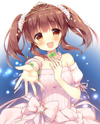Rule 34 | 10s, 1girl, :d, bare shoulders, bow, bracelet, brown hair, clover, detached sleeves, dress, flower, foreshortening, four-leaf clover, gem, hair flower, hair ornament, hand on own chest, holding, idolmaster, idolmaster cinderella girls, jewelry, lace, large bow, looking at viewer, medium hair, necklace, ogata chieri, open mouth, outstretched arm, pearl (gemstone), pearl necklace, pink bow, pink dress, ribbed dress, ribbon-trimmed sleeves, ribbon trim, sky, smile, solo, sparkle, star (sky), starry sky, strapless, strapless dress, suimya, tareme, tiara, twintails, upper body, yellow eyes