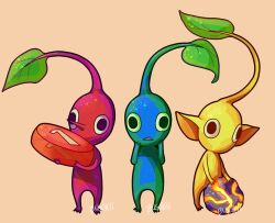 Rule 34 | artist name, black eyes, blue pikmin, blue skin, bomb rock, brown background, colored skin, commentary, english commentary, full body, hands on own chin, holding pellet, leaf, looking at viewer, nintendo, no humans, no mouth, pellet (pikmin), pikmin (series), pointy ears, pointy nose, raisinmuffin, red pikmin, red skin, triangle mouth, yellow pikmin, yellow skin