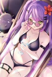 Rule 34 | 1girl, :p, arm strap, beach chair, bibi (tokoyami towa), bikini, black bikini, black nails, breasts, cherry, cup, drinking glass, flower, food, from above, fruit, gradient hair, green eyes, hair flower, hair ornament, hairclip, hibiscus, highres, holding, holding cup, hololive, leg tattoo, long hair, looking at viewer, lying, medium breasts, multi-strapped bikini, multicolored hair, navel, on back, piccolo (gvgk8874), pink hair, purple hair, skindentation, sunglasses, swimsuit, tattoo, thigh strap, thighs, tokoyami towa, tongue, tongue out, twintails, very long hair, virtual youtuber, x hair ornament