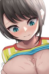 Rule 34 | 1girl, aqua eyes, blush, breasts, breasts out, brown hair, cleavage, closed mouth, clothes lift, collarbone, constricted pupils, hashira 14, highres, hololive, large breasts, looking at breasts, looking at penis, lube, narrowed eyes, nervous, oozora subaru, paizuri, penis, portrait, precum, shirt, shirt lift, short hair, short sleeves, simple background, striped clothes, striped shirt, surprised, sweat, swept bangs, tsurime, upper body, vertical-striped clothes, vertical-striped shirt, virtual youtuber, white background